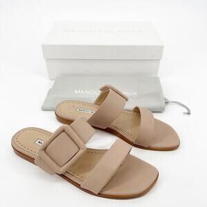 Manolo Blahnik Tituba Nude Tan Leather Buckle Open Toe Flat Sandals IT 39